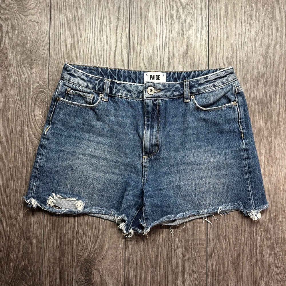 Paige Women Distressed Raw Hem 28 Denim Shorts Medium Wash High Rise Size 28
